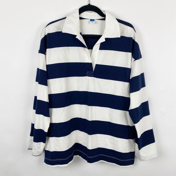 Old Navy Tops - Old Navy Rugby Polo Shirt Womens Medium Navy Blue White Striped Oversized Cotton